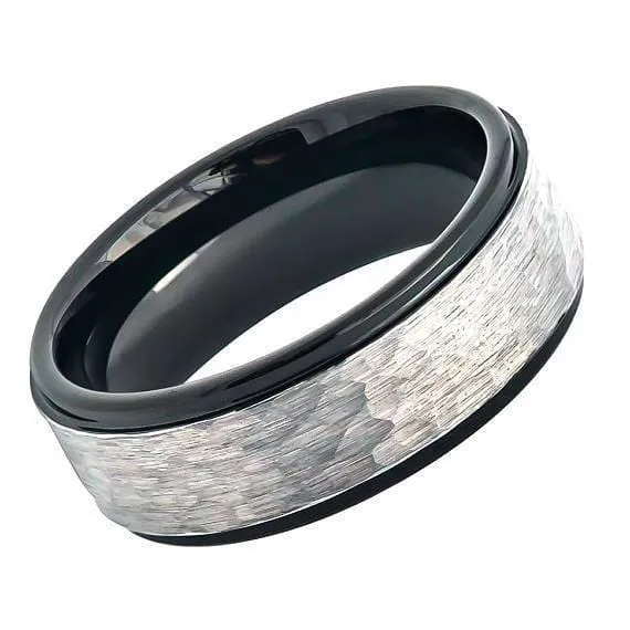Mens Carbide Tungsten Wedding Ring Two-Tone Hammered Gun Metal Brush Finish & Black IP Inner Ring Stepped Edge - 8mm