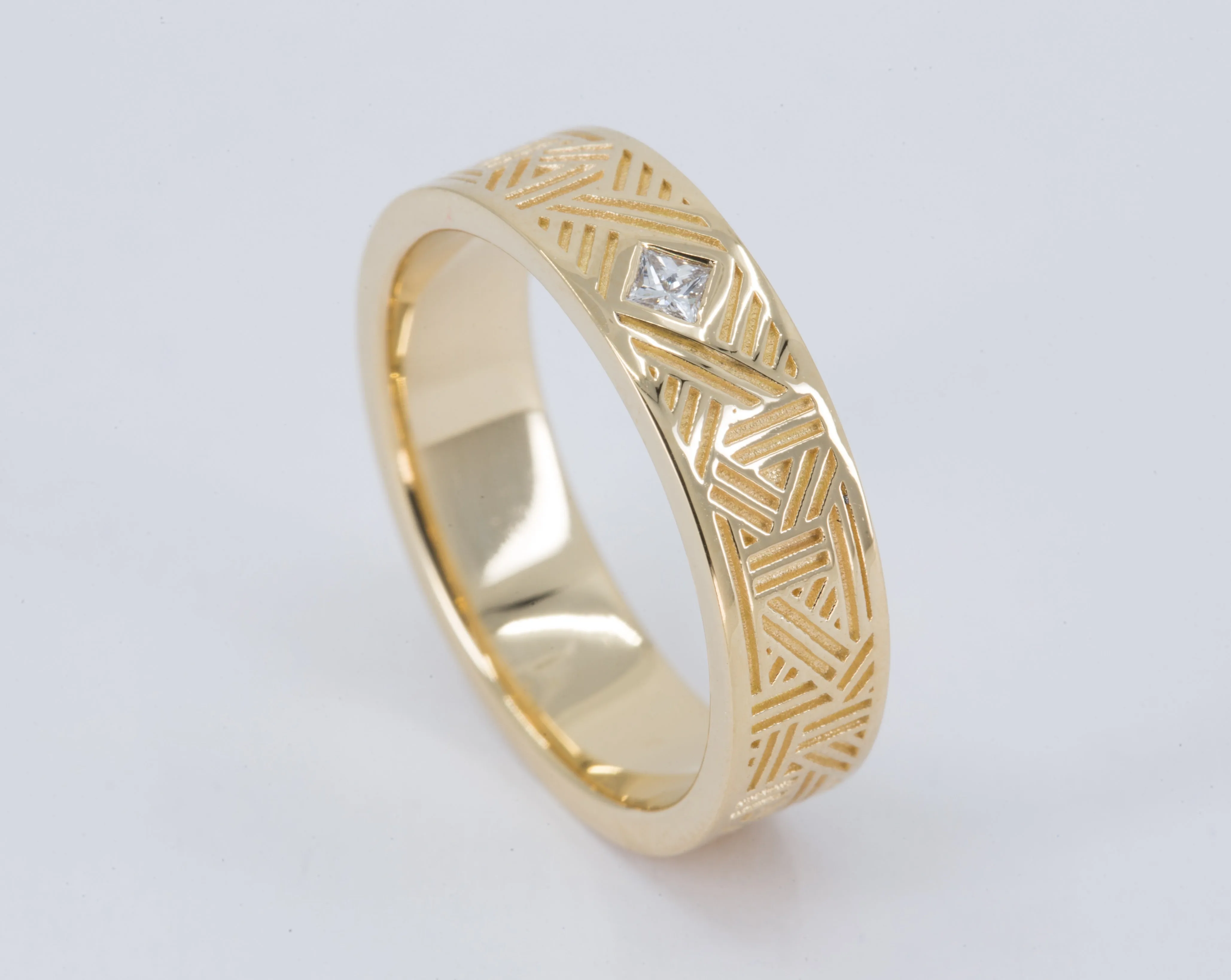 Men's Geometric Lines Wedding Ring with Princess Diamond