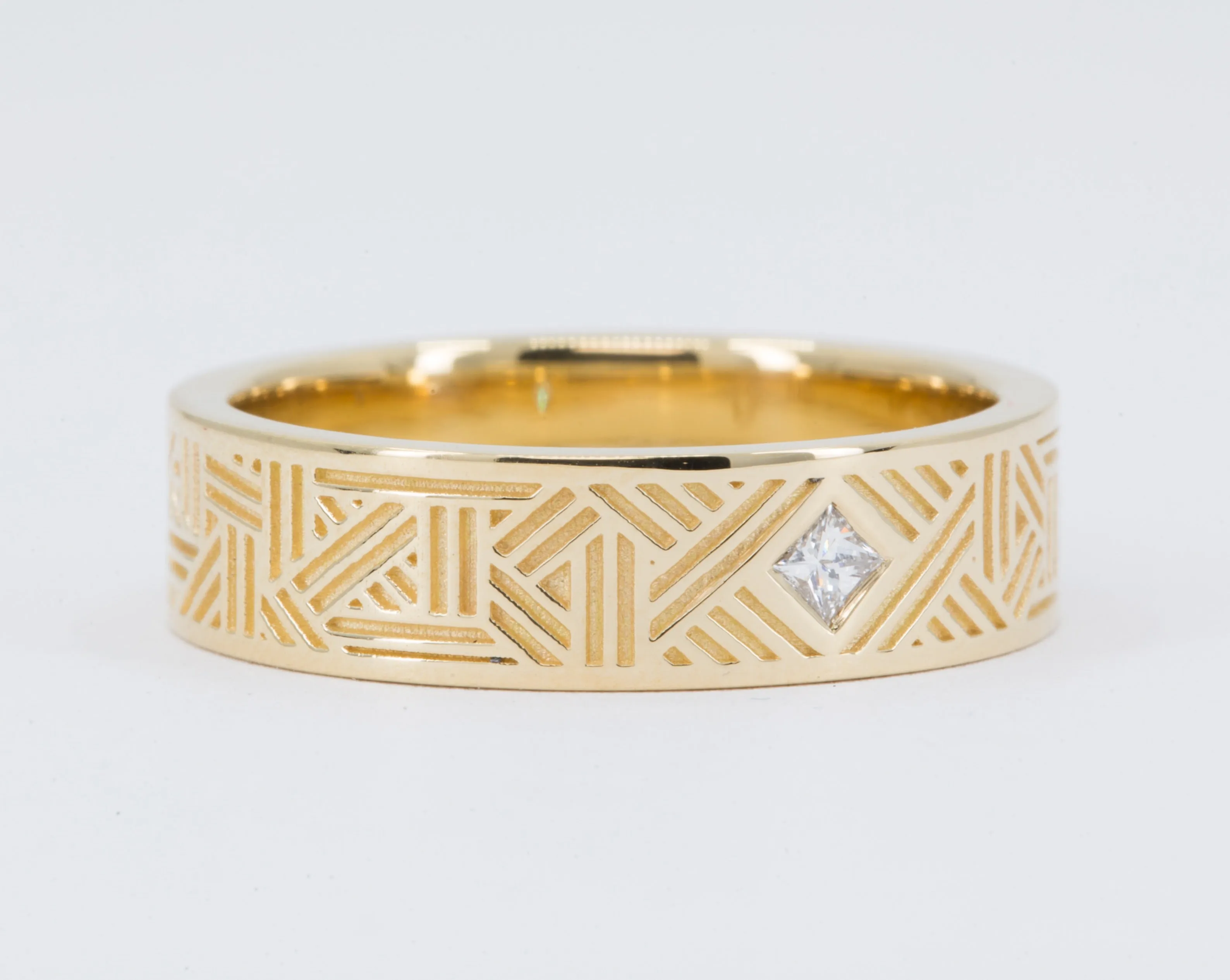 Men's Geometric Lines Wedding Ring with Princess Diamond