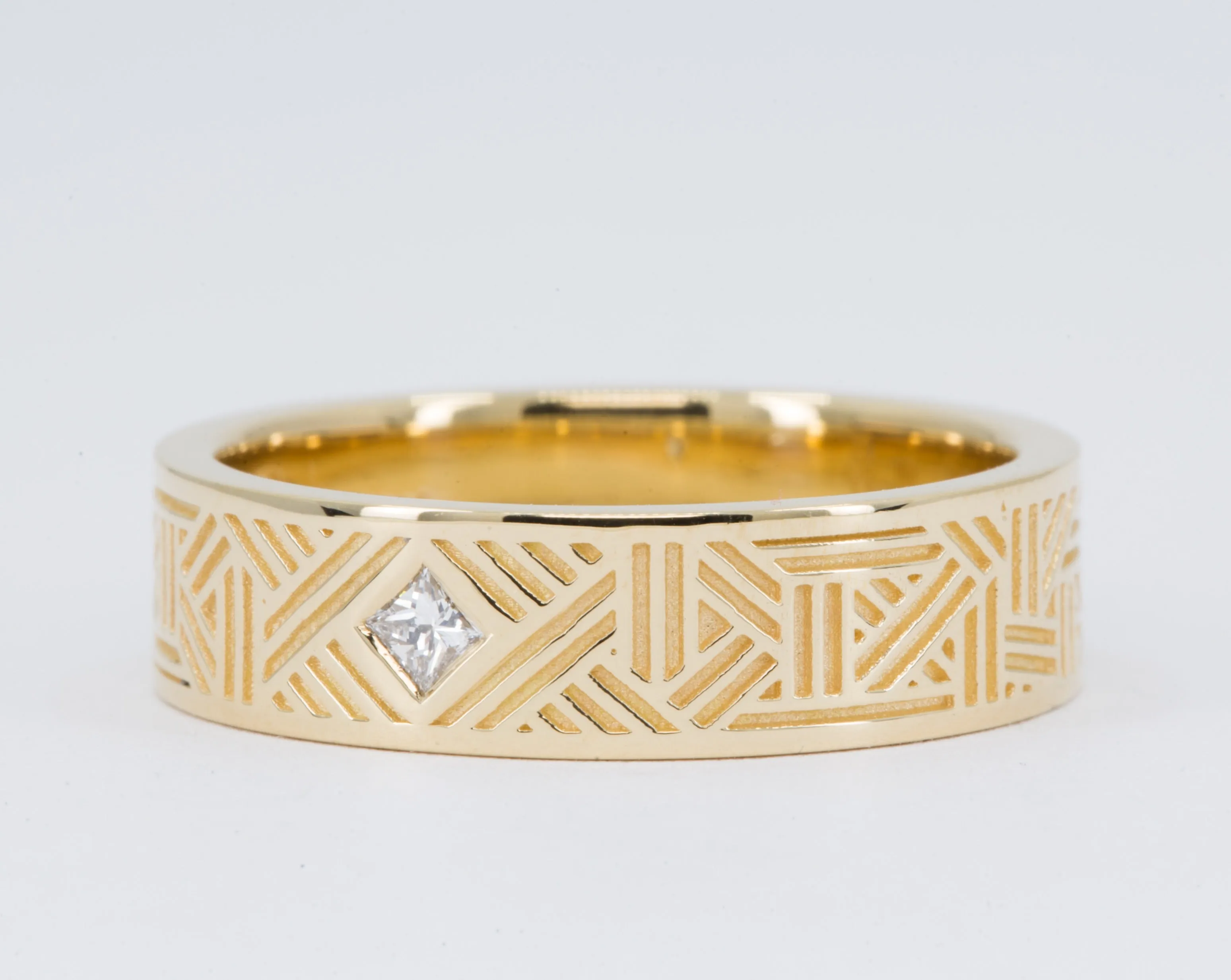 Men's Geometric Lines Wedding Ring with Princess Diamond