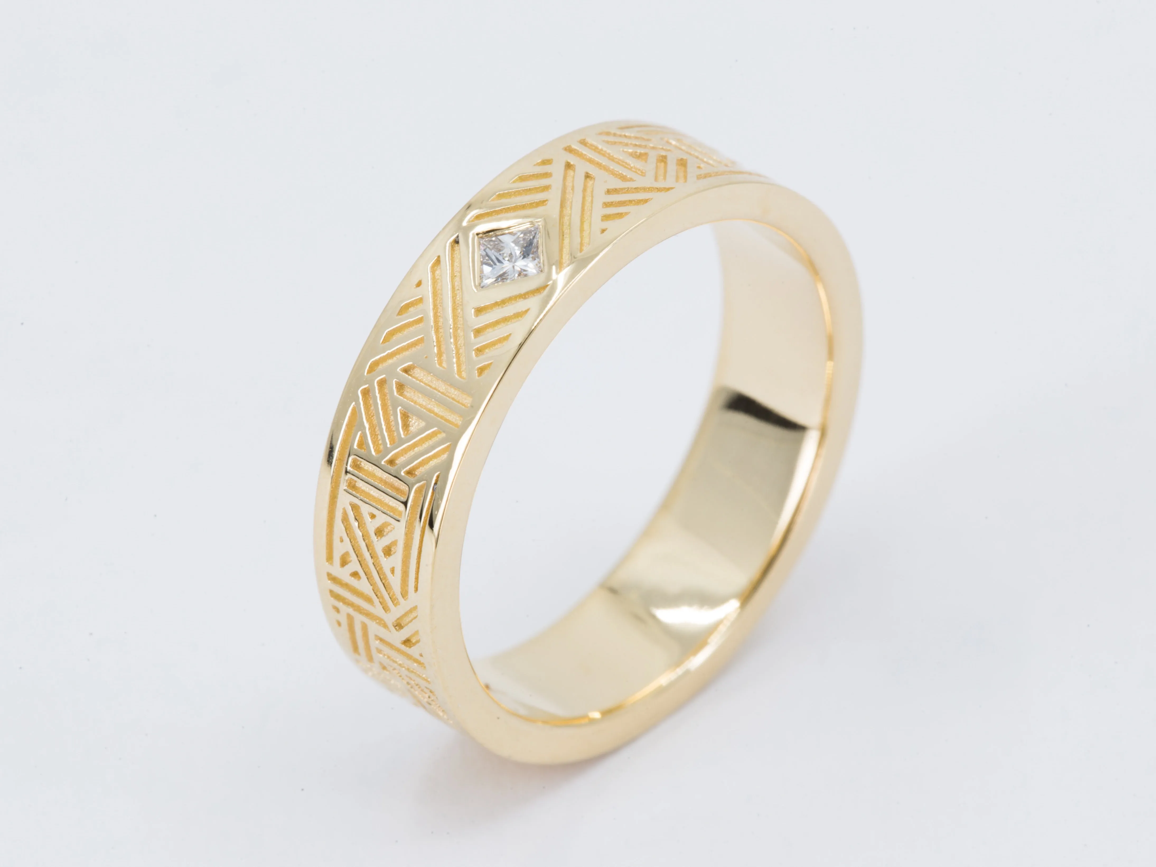 Men's Geometric Lines Wedding Ring with Princess Diamond