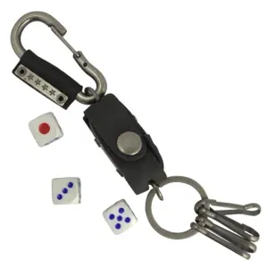 Metal Keychain Clip with Black Leather Carrier and Dice (#kc023)