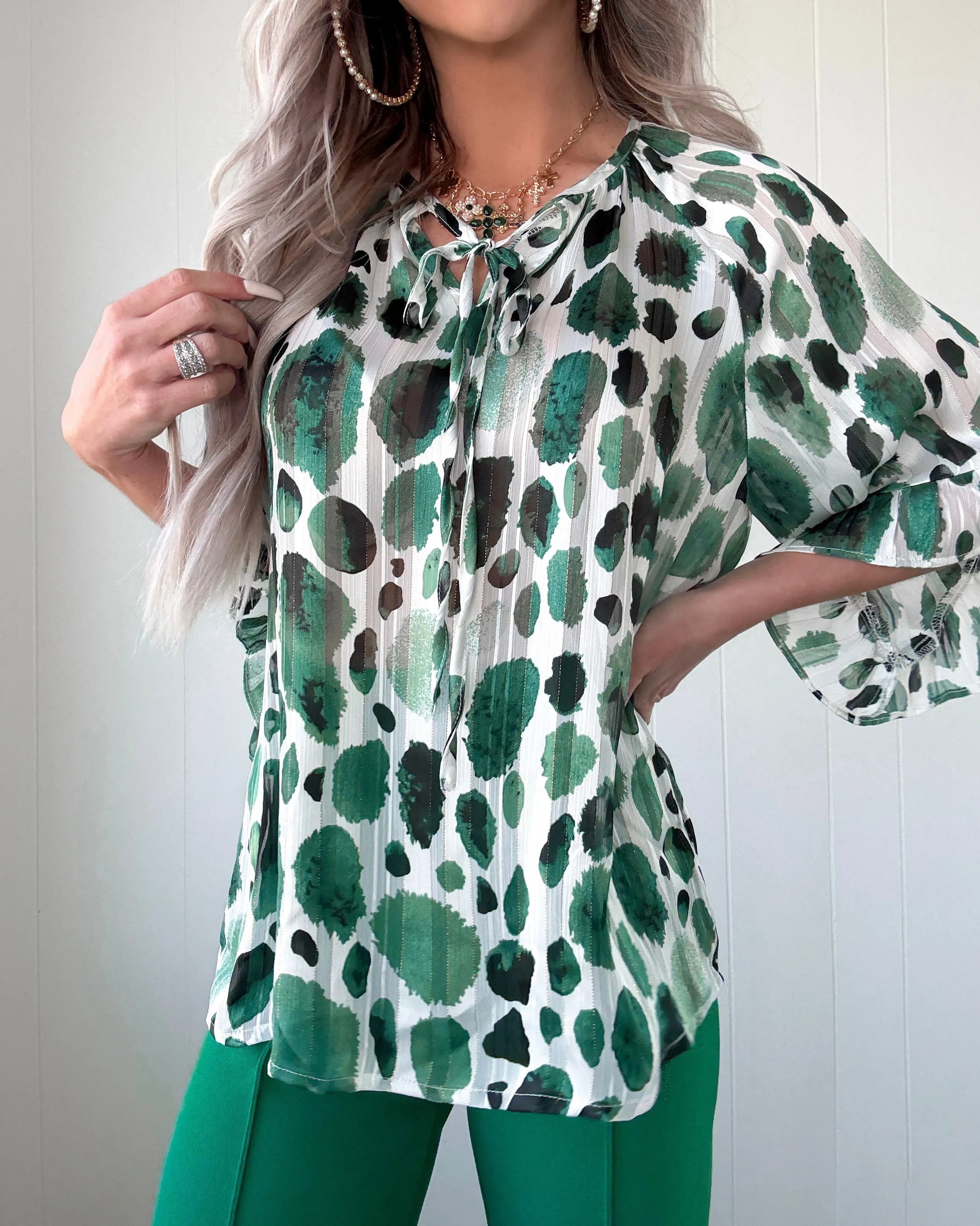 Metallic Threads Pleated Top - Green