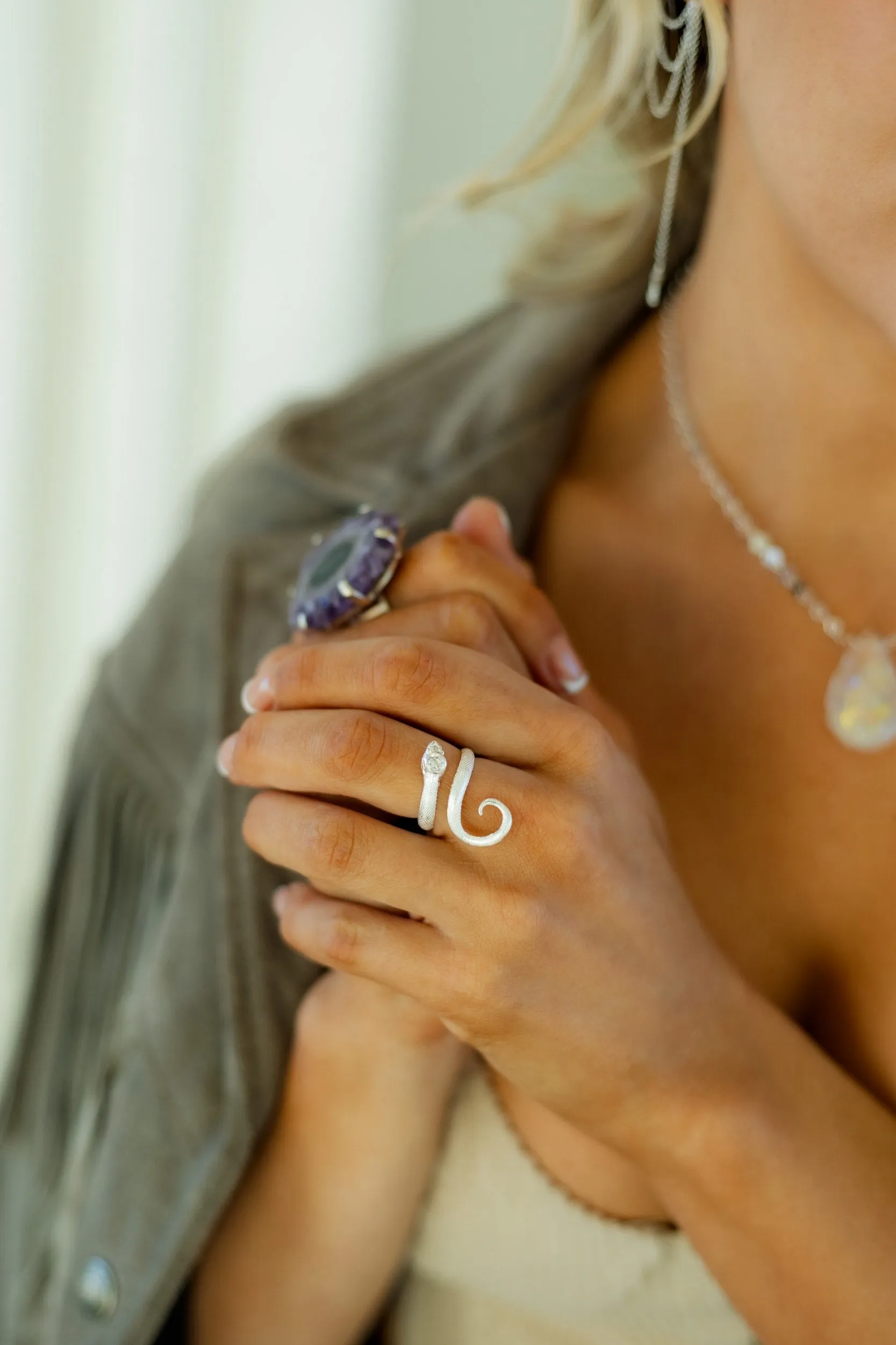 Mother of Growth Danburite Sterling Silver Snake Ring