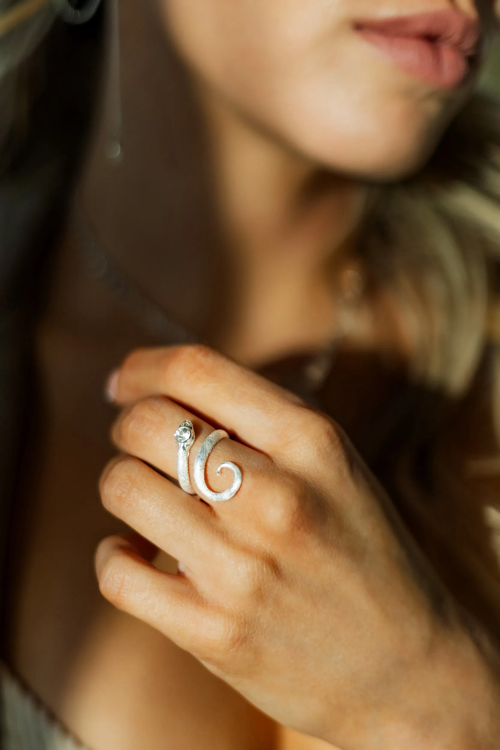 Mother of Growth Danburite Sterling Silver Snake Ring