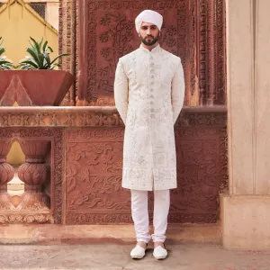 Mughal Style ThreadWork White Dulha Sherwani