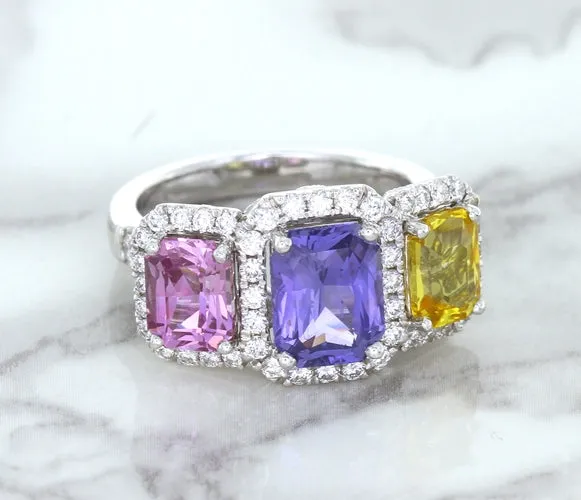 Multicolor Sapphire Ring with Diamond Halo in 18K White Gold