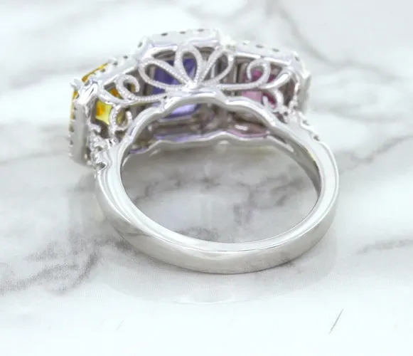 Multicolor Sapphire Ring with Diamond Halo in 18K White Gold
