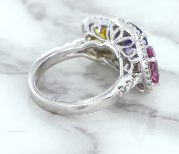 Multicolor Sapphire Ring with Diamond Halo in 18K White Gold