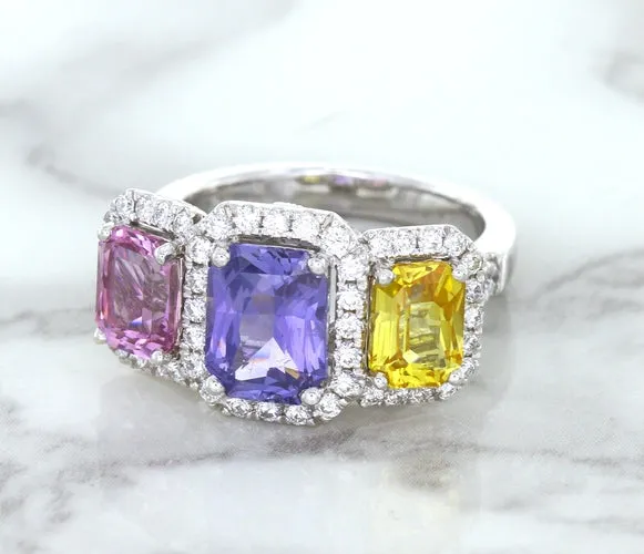 Multicolor Sapphire Ring with Diamond Halo in 18K White Gold