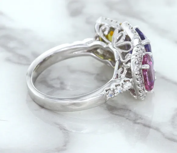 Multicolor Sapphire Ring with Diamond Halo in 18K White Gold