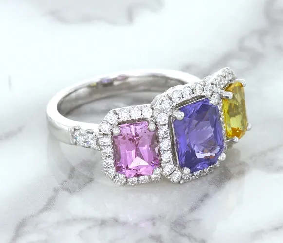 Multicolor Sapphire Ring with Diamond Halo in 18K White Gold