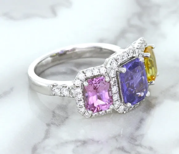 Multicolor Sapphire Ring with Diamond Halo in 18K White Gold
