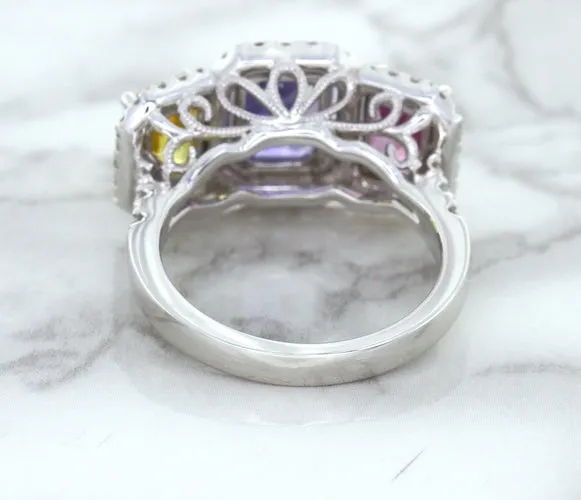 Multicolor Sapphire Ring with Diamond Halo in 18K White Gold