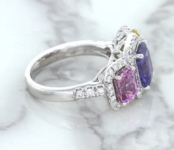 Multicolor Sapphire Ring with Diamond Halo in 18K White Gold