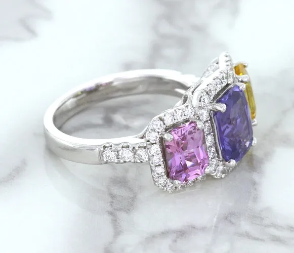 Multicolor Sapphire Ring with Diamond Halo in 18K White Gold