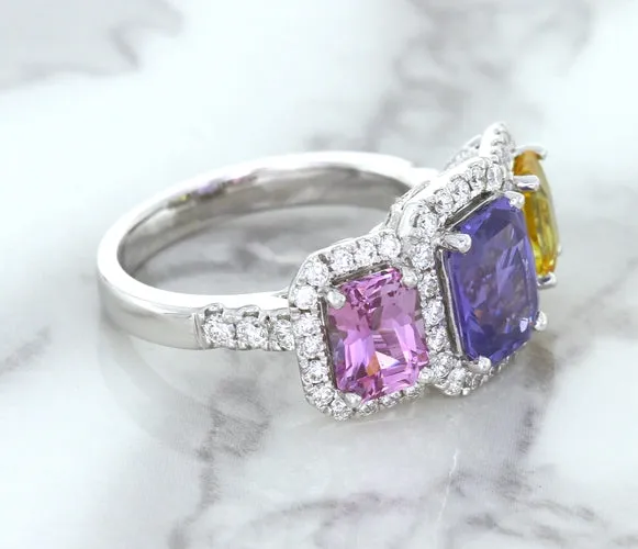 Multicolor Sapphire Ring with Diamond Halo in 18K White Gold