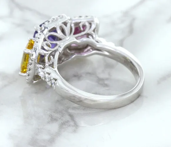Multicolor Sapphire Ring with Diamond Halo in 18K White Gold