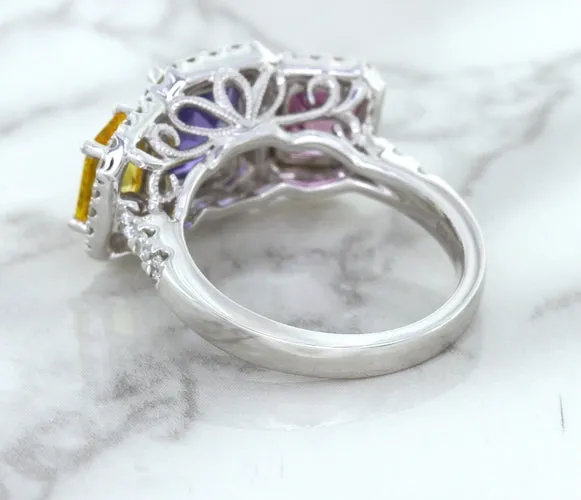 Multicolor Sapphire Ring with Diamond Halo in 18K White Gold