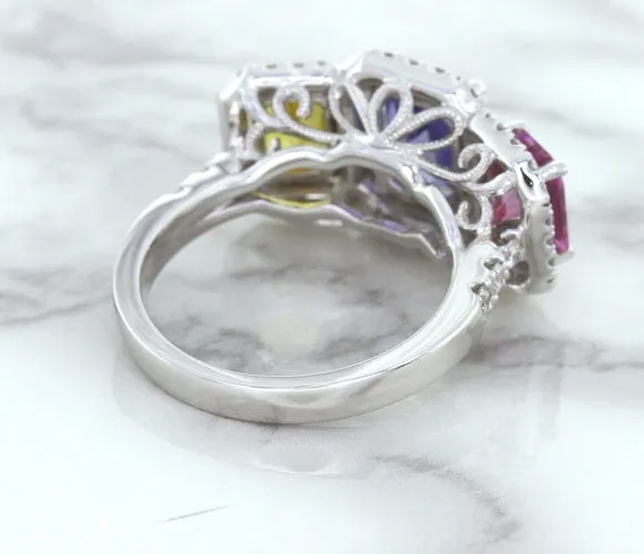 Multicolor Sapphire Ring with Diamond Halo in 18K White Gold