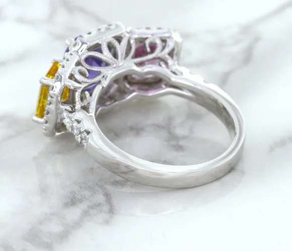 Multicolor Sapphire Ring with Diamond Halo in 18K White Gold