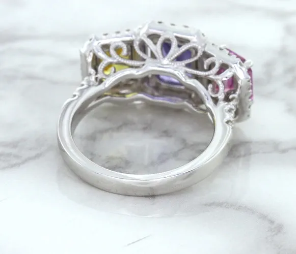 Multicolor Sapphire Ring with Diamond Halo in 18K White Gold