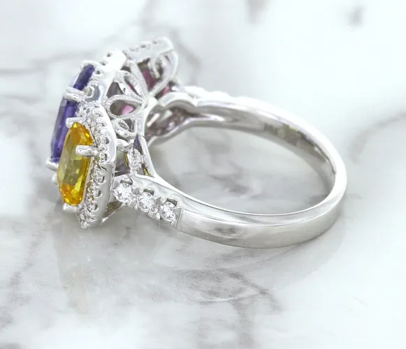 Multicolor Sapphire Ring with Diamond Halo in 18K White Gold