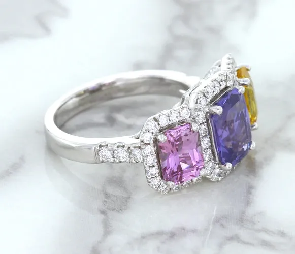 Multicolor Sapphire Ring with Diamond Halo in 18K White Gold