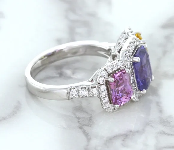 Multicolor Sapphire Ring with Diamond Halo in 18K White Gold