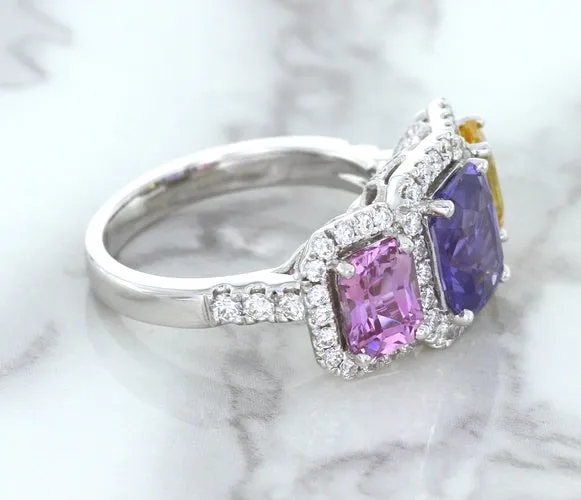 Multicolor Sapphire Ring with Diamond Halo in 18K White Gold