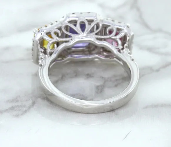 Multicolor Sapphire Ring with Diamond Halo in 18K White Gold