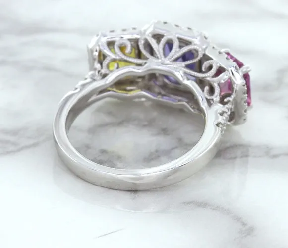 Multicolor Sapphire Ring with Diamond Halo in 18K White Gold