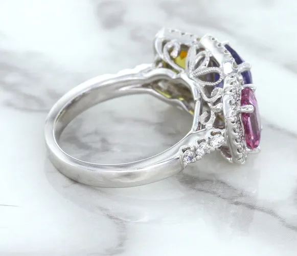 Multicolor Sapphire Ring with Diamond Halo in 18K White Gold
