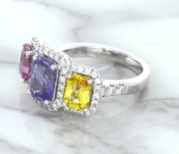 Multicolor Sapphire Ring with Diamond Halo in 18K White Gold