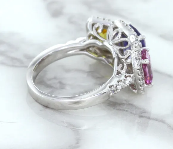Multicolor Sapphire Ring with Diamond Halo in 18K White Gold