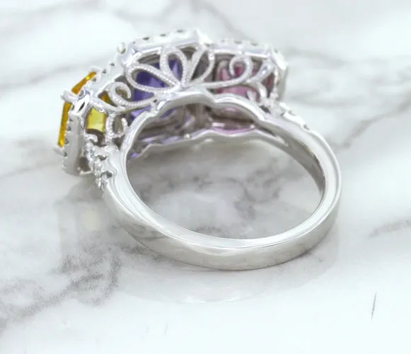 Multicolor Sapphire Ring with Diamond Halo in 18K White Gold