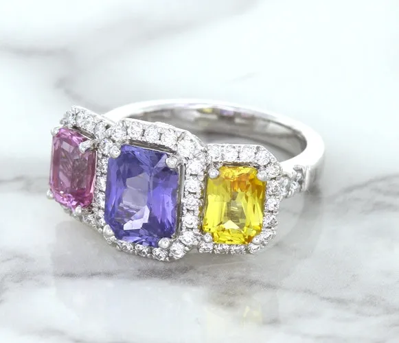Multicolor Sapphire Ring with Diamond Halo in 18K White Gold