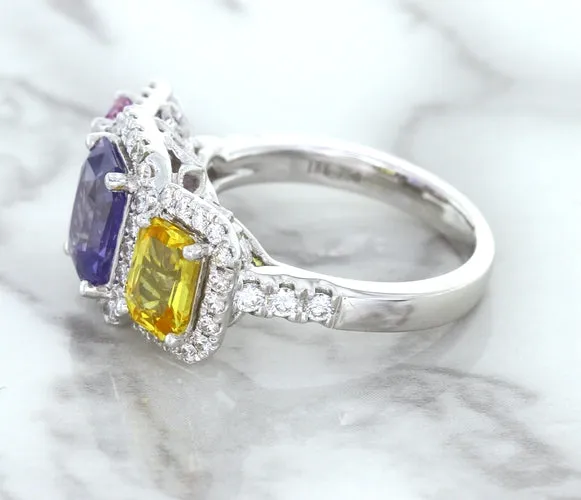 Multicolor Sapphire Ring with Diamond Halo in 18K White Gold