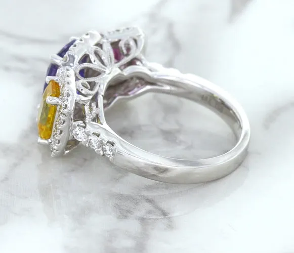 Multicolor Sapphire Ring with Diamond Halo in 18K White Gold