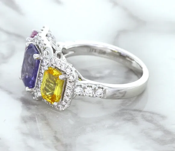 Multicolor Sapphire Ring with Diamond Halo in 18K White Gold