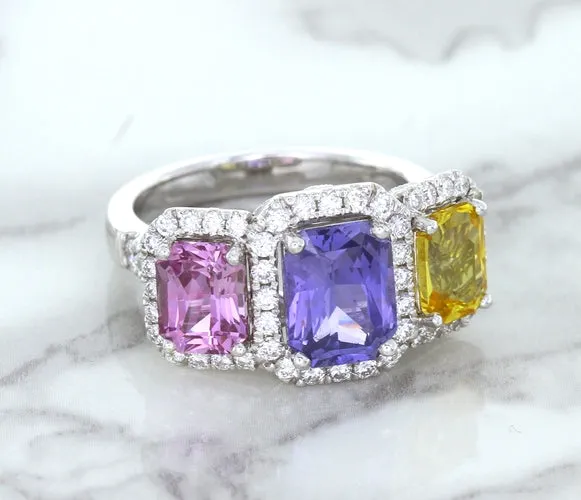 Multicolor Sapphire Ring with Diamond Halo in 18K White Gold