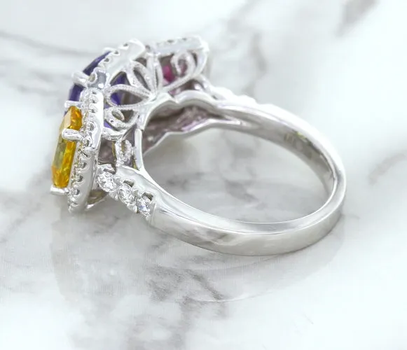 Multicolor Sapphire Ring with Diamond Halo in 18K White Gold