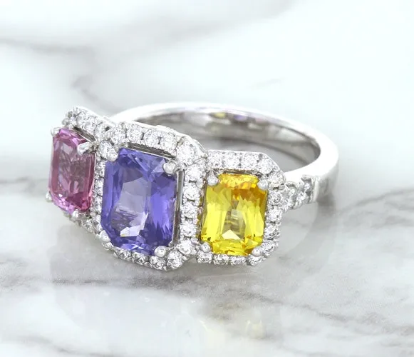 Multicolor Sapphire Ring with Diamond Halo in 18K White Gold