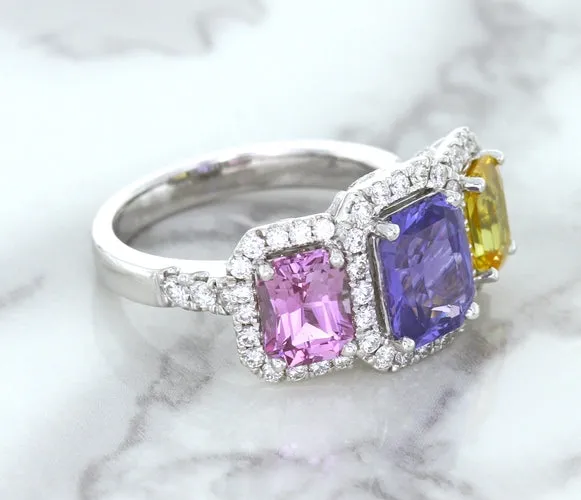 Multicolor Sapphire Ring with Diamond Halo in 18K White Gold