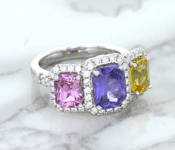 Multicolor Sapphire Ring with Diamond Halo in 18K White Gold