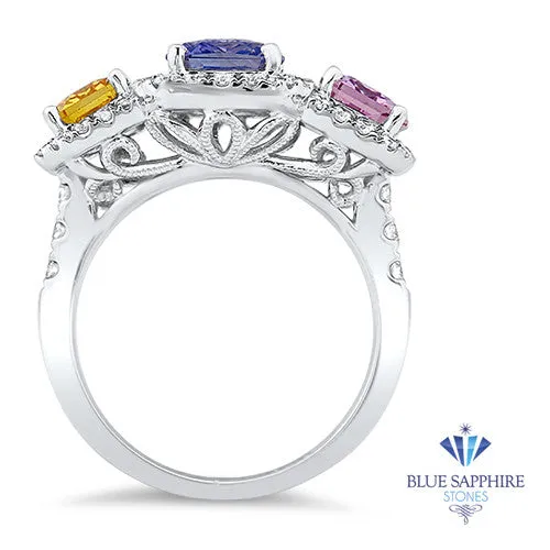 Multicolor Sapphire Ring with Diamond Halo in 18K White Gold