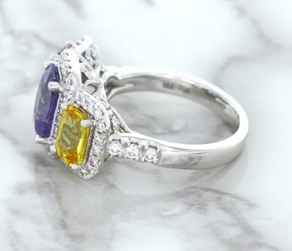 Multicolor Sapphire Ring with Diamond Halo in 18K White Gold