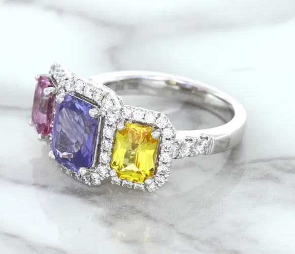 Multicolor Sapphire Ring with Diamond Halo in 18K White Gold