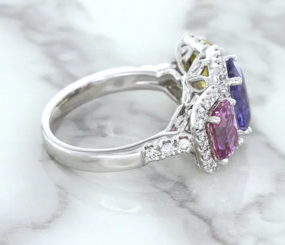 Multicolor Sapphire Ring with Diamond Halo in 18K White Gold