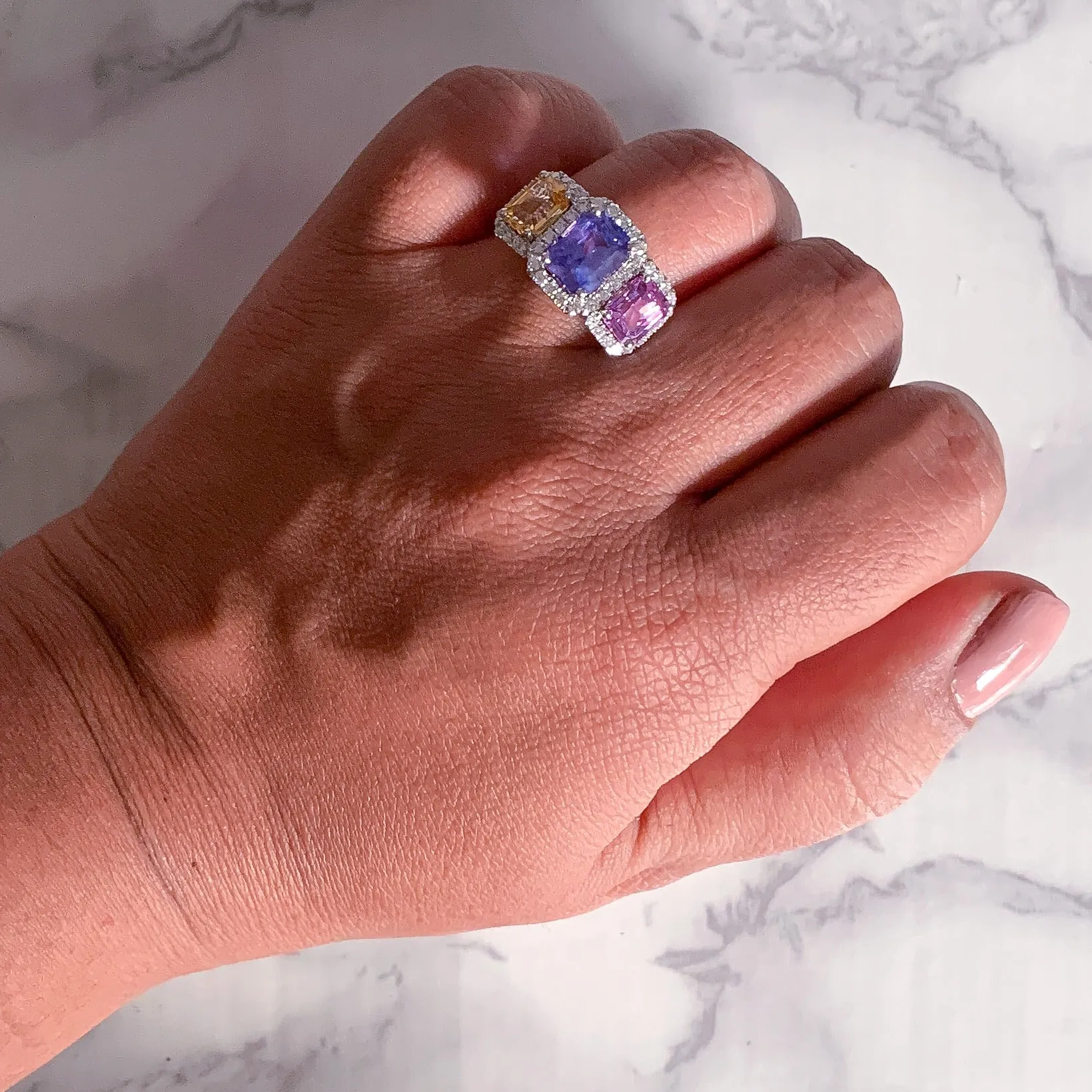 Multicolor Sapphire Ring with Diamond Halo in 18K White Gold